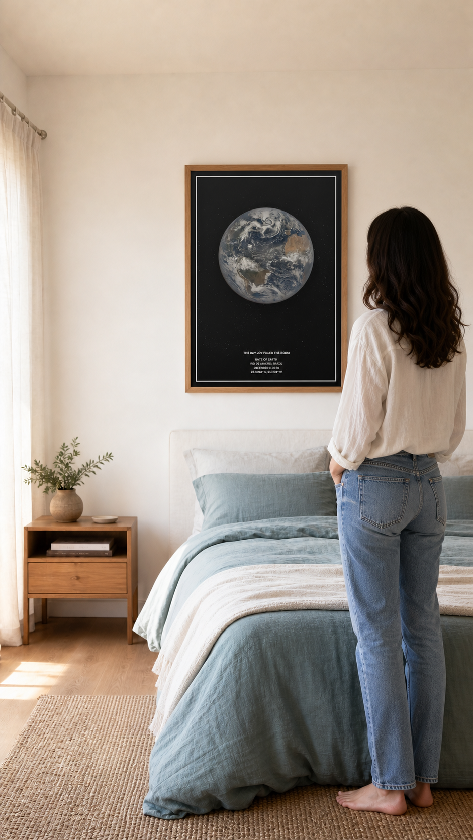 Woman viewing a framed black Date of Earth print above a bed.