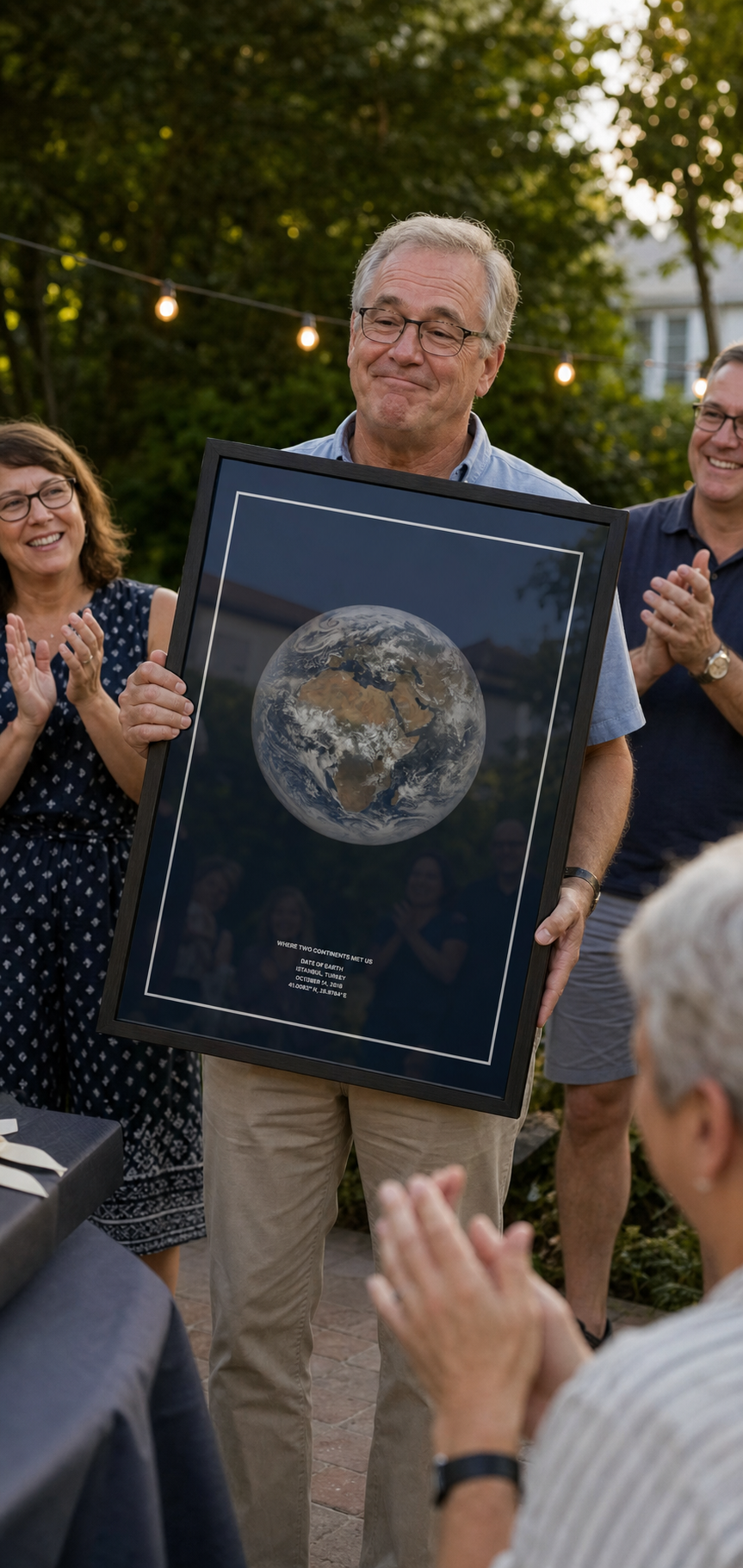 Man holding a framed Date of Earth print at a retirement celebration.