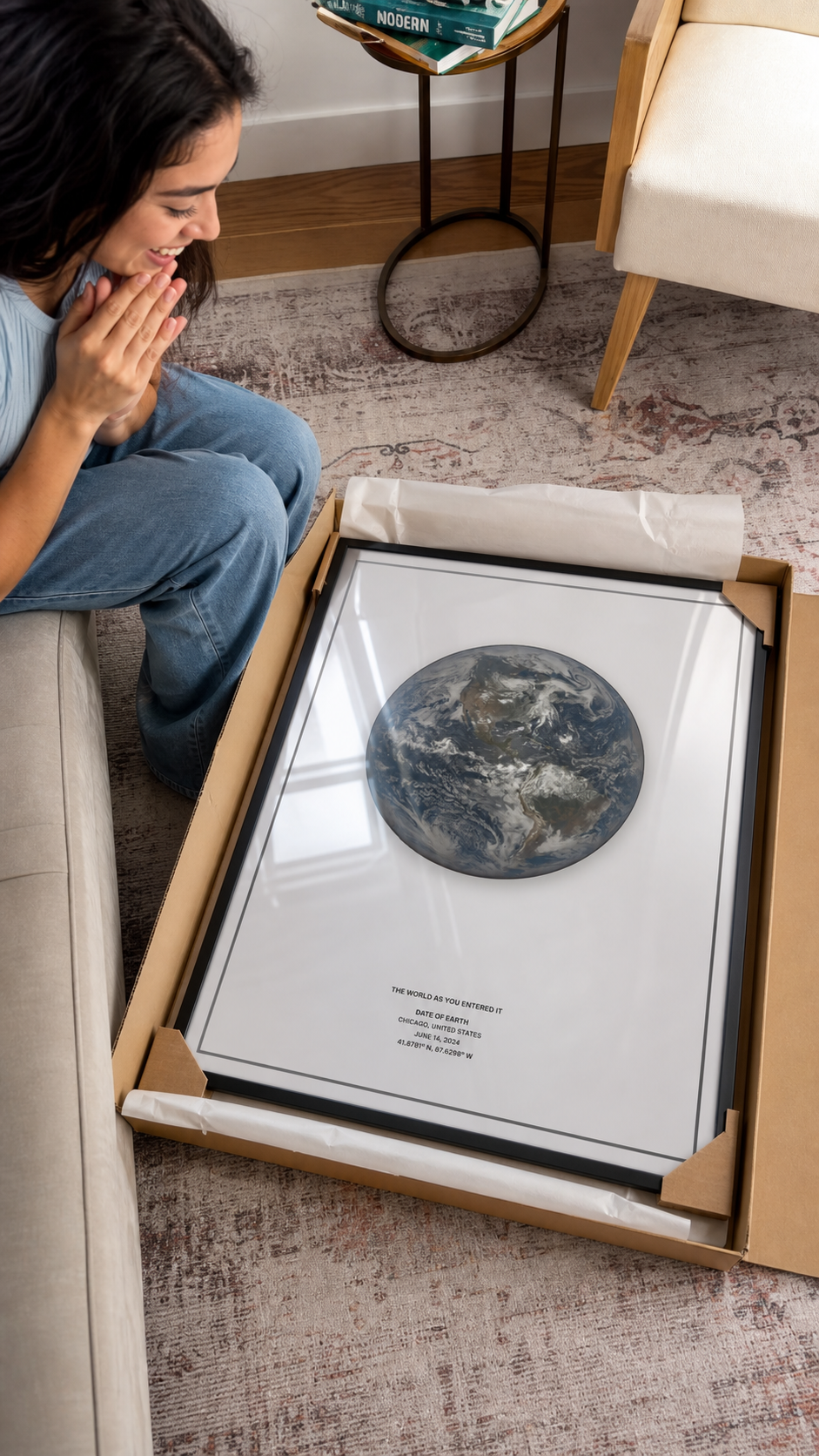 Framed Date of Earth print opened from a flat mailer for a birthday gift.