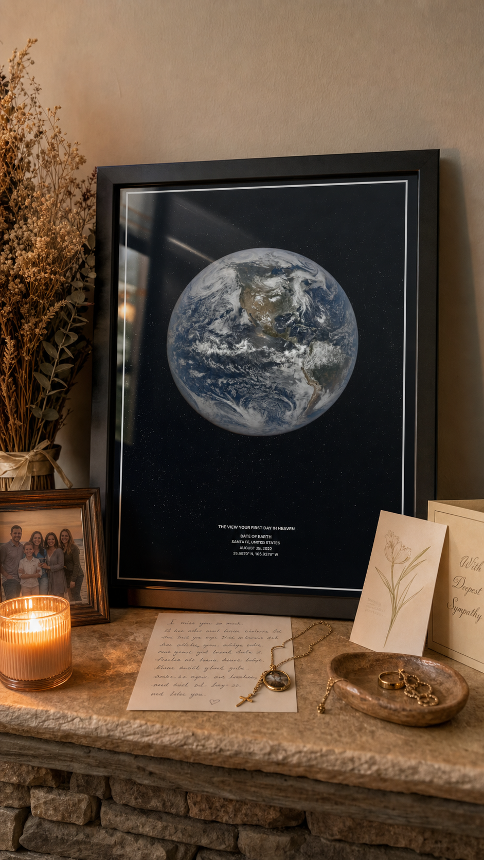 Framed Date of Earth memorial print on a mantel with flowers and candlelight.