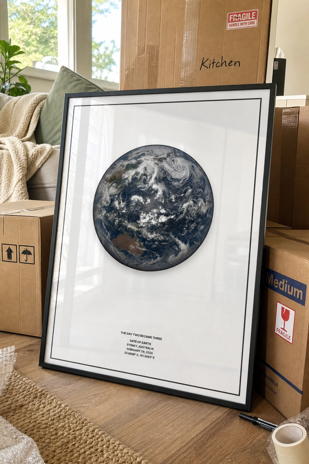 Framed Date of Earth print leaning beside moving boxes in a new home.