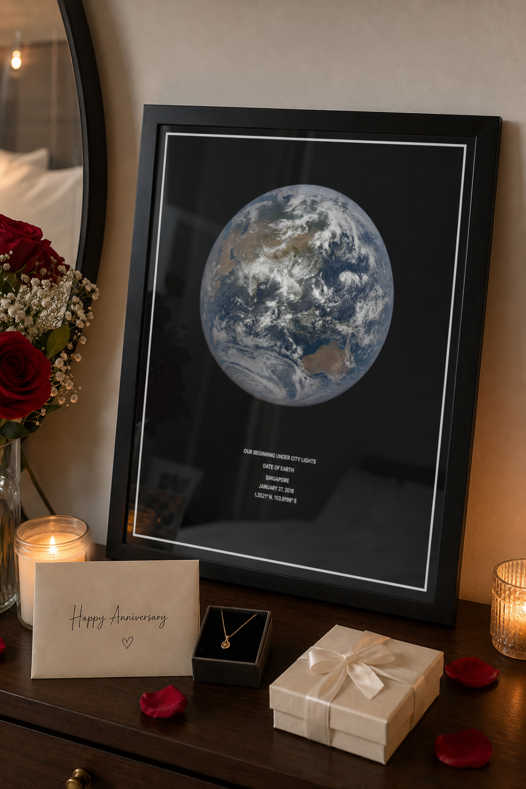 Black framed Date of Earth anniversary print on a dresser beside roses and gifts.