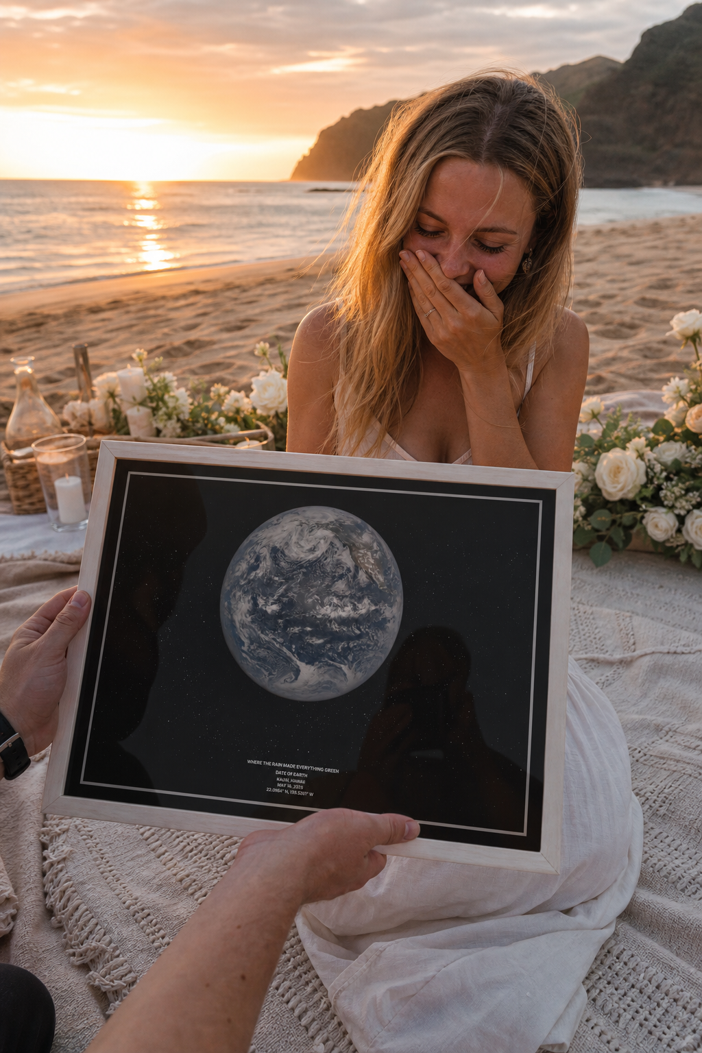 Recipient receiving a framed Date of Earth print during a beach elopement picnic.